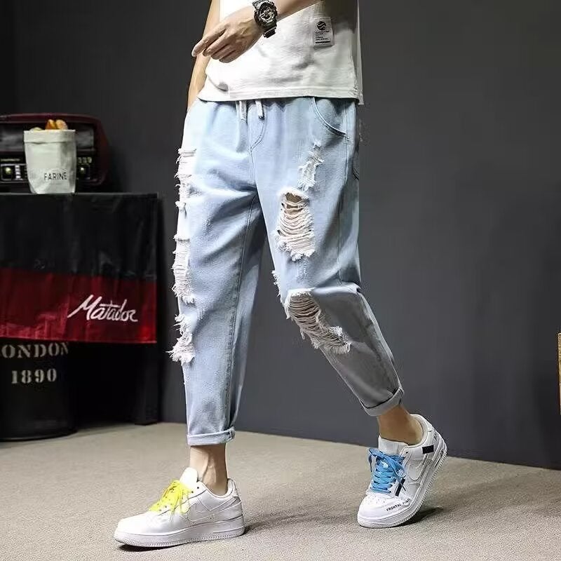 2024 Hong Kong Style Ankle Jeans Men'S Korean Style Loose Ripped Summer Elastant Waist Beggar Pants - Image 2